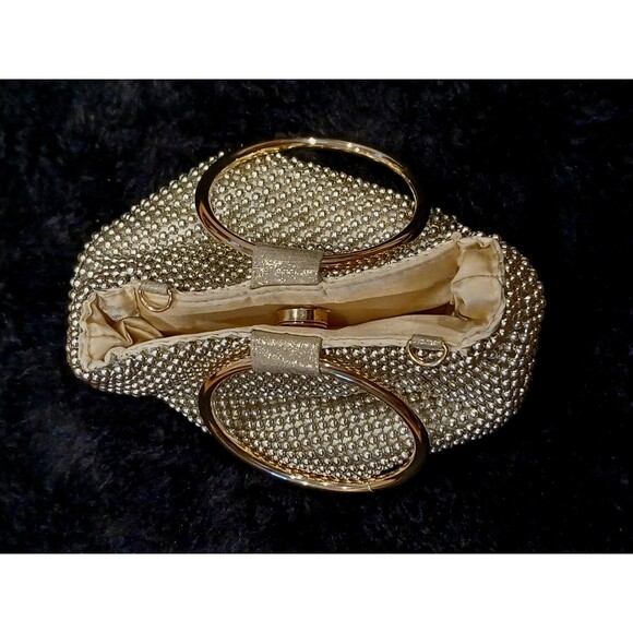 Jessica McClintock Gold Pearl Evening Bag Snap Satin-Lined Wristlet Glamour Chic - Picture 3 of 9